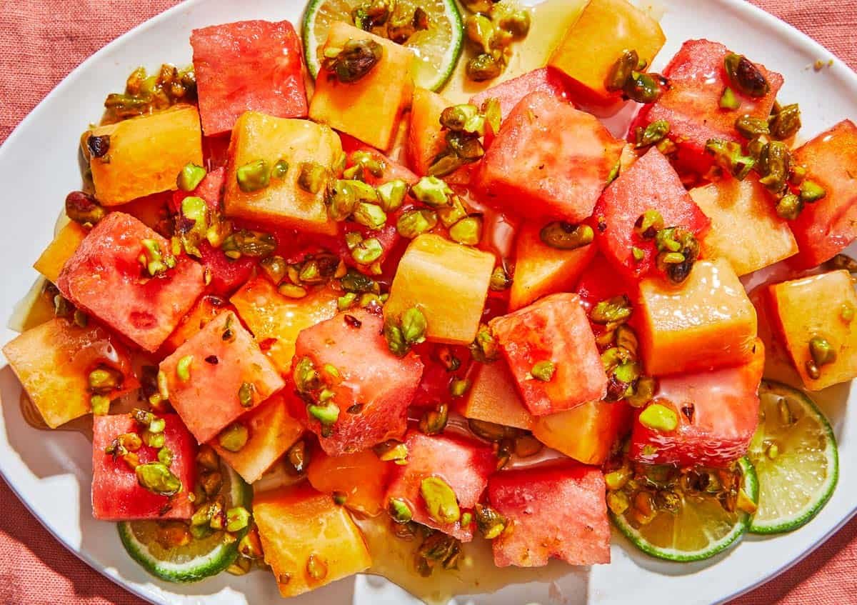Watermelon Fruit Salad with Pistachios and Honey-Lime Syrup