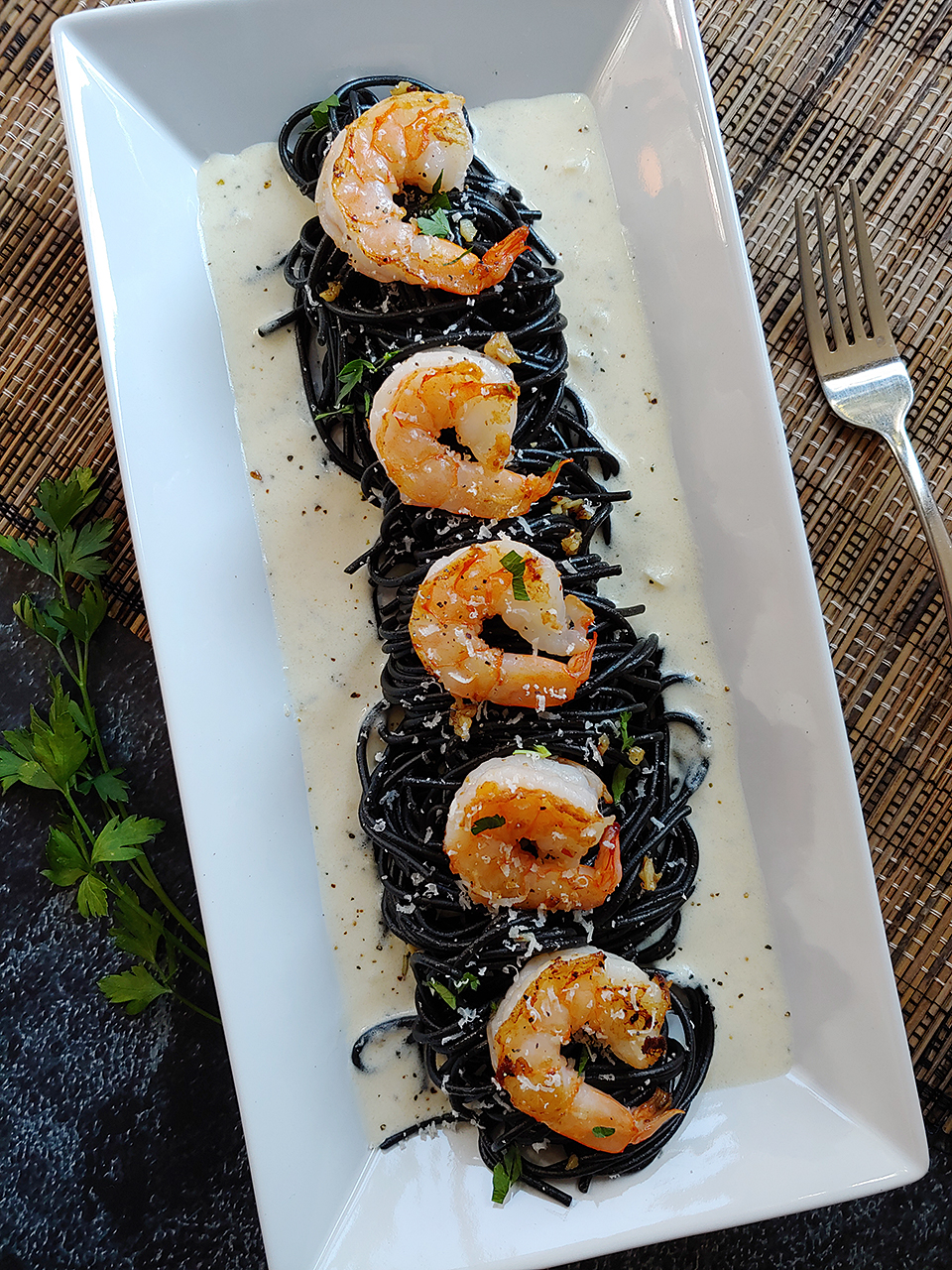 Creamy Squid Ink Pasta with Shrimp